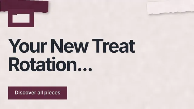 Landscape graphic for By Teddy: "Your New Treat Rotation..." Swiss style, announce layout, light palette in red, grey.