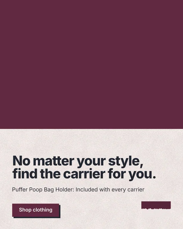 Instagram portrait post for By Teddy: "No matter your style, find the carrier for you." Paper trio style, bottom layout, light palette in red, orange, grey.