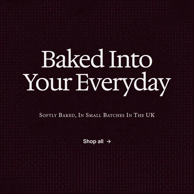 Instagram post for By Teddy: "Baked Into Your Everyday". Swiss style, smallcaps layout, dark palette in black, red.