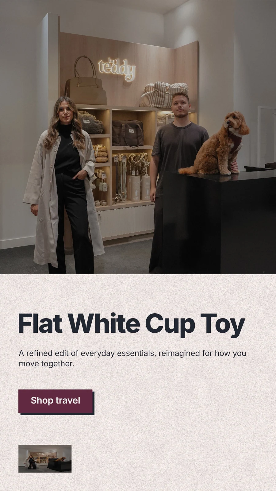 Instagram story for By Teddy: "Flat White Cup Toy". Paper trio style, bottom layout, light palette in grey, orange, black.