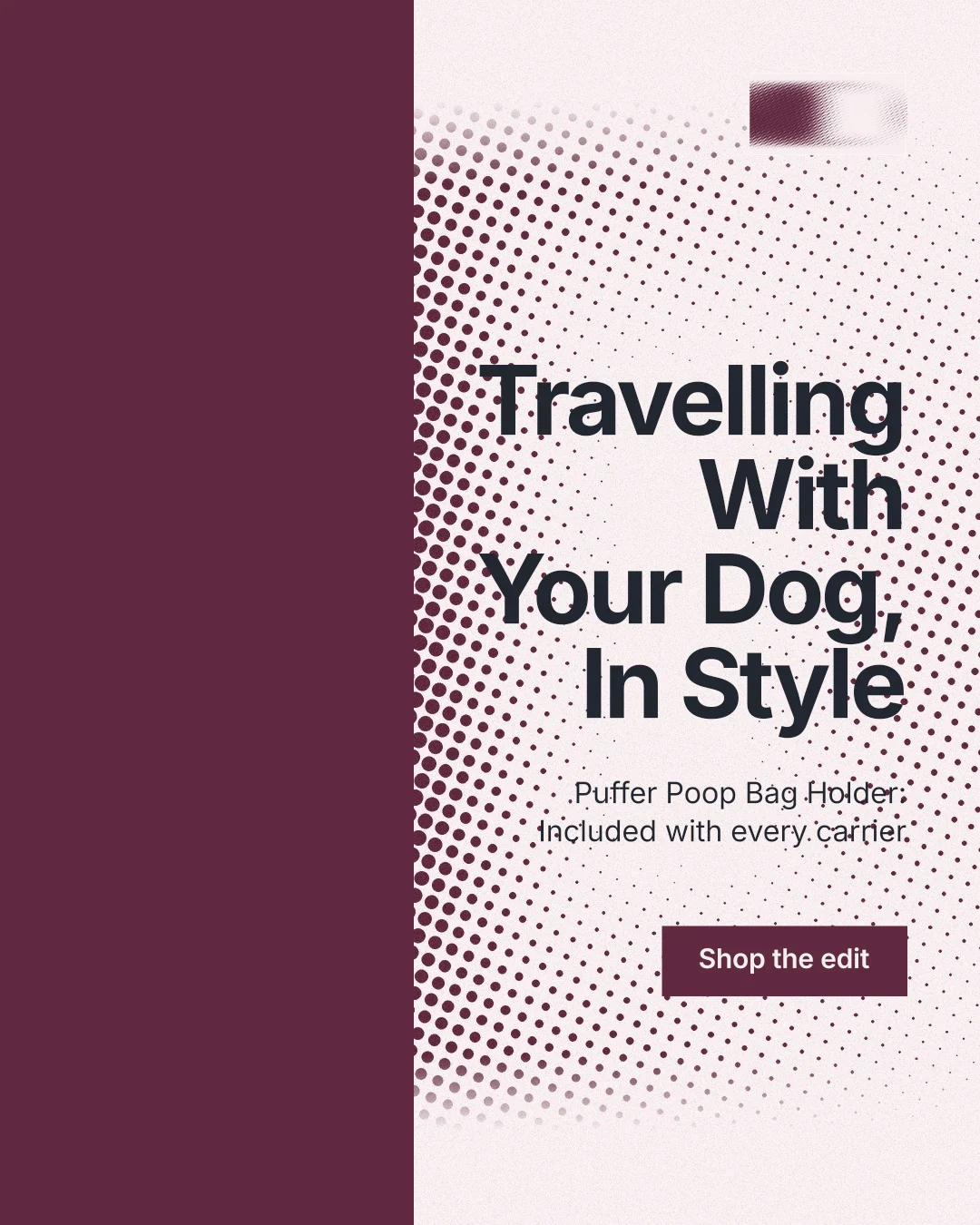 Instagram portrait post for By Teddy: "Travelling With Your Dog, In Style". Swiss style, right layout, light palette in red, white, grey.