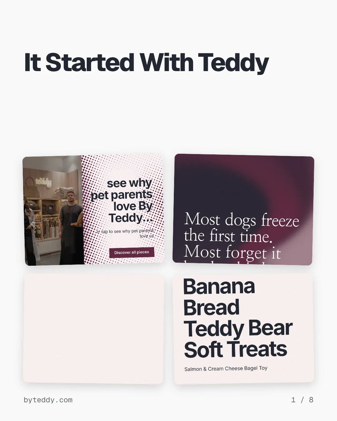 Carousel for By Teddy: "It Started With Teddy". Collection carousel, 8 slides, light palette.