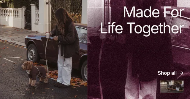 Social ad for By Teddy: "Made For Life Together". Film still style, right layout, dark palette in black, red, grey.
