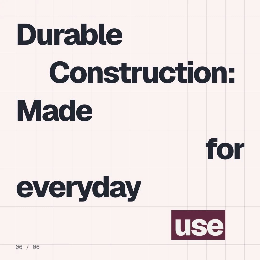 Video for By Teddy: "Durable Construction: Made for everyday use". Kinetic type grid, 6.0 s, light palette.
