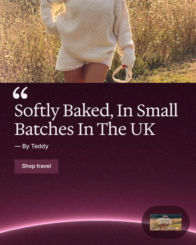 Instagram portrait post for By Teddy: "Softly Baked, In Small Batches In The UK". Swiss style, quote layout, dark palette in orange, black, pink.