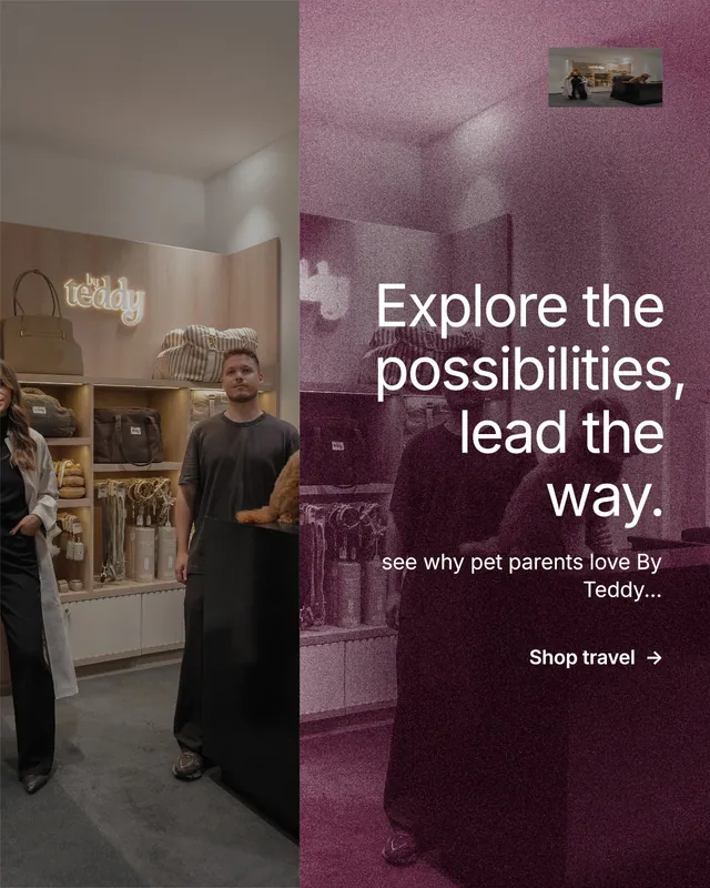 Instagram portrait post for By Teddy: "Explore the possibilities, lead the way." Film still style, right layout, dark palette in black, grey, red.