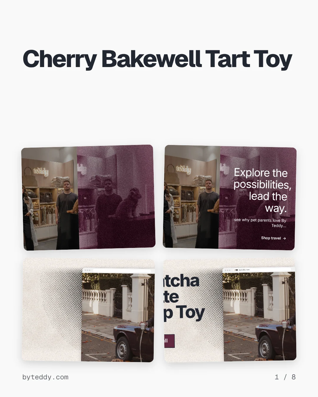 Carousel for By Teddy: "Cherry Bakewell Tart Toy". Collection carousel, 8 slides, light palette.