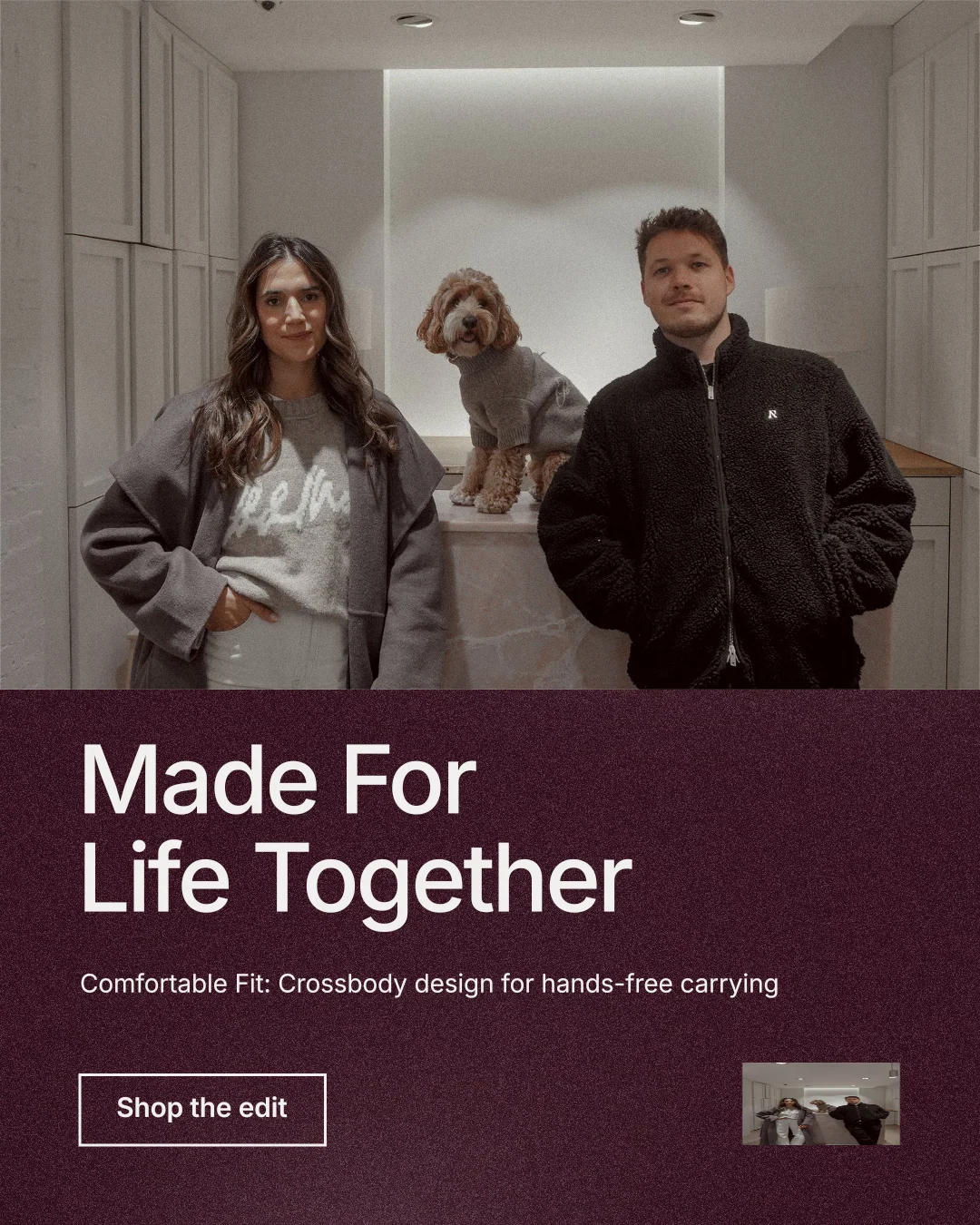 Instagram portrait post for By Teddy: "Made For Life Together". Cyanotype style, bottom layout, dark palette in red, grey.