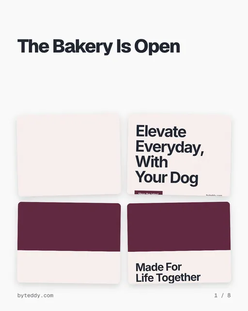 Carousel for By Teddy: "The Bakery Is Open". Collection carousel, 8 slides, light palette.