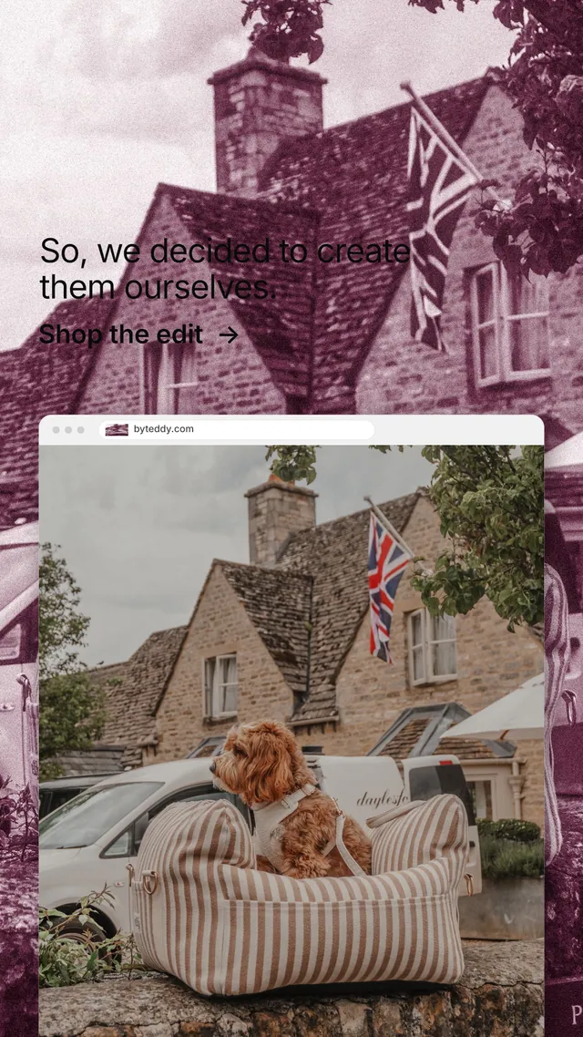Instagram story for By Teddy: "So, we decided to create them ourselves." Film still style, browser layout, light palette in grey, red, white.