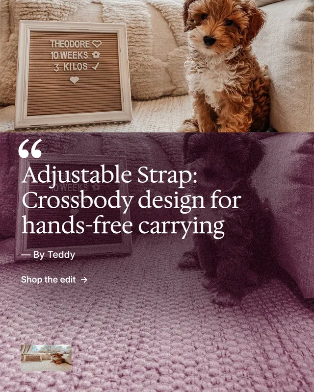 Instagram portrait post for By Teddy: "Adjustable Strap: Crossbody design for hands-free carrying". Film still style, quote layout, dark palette in red, grey.