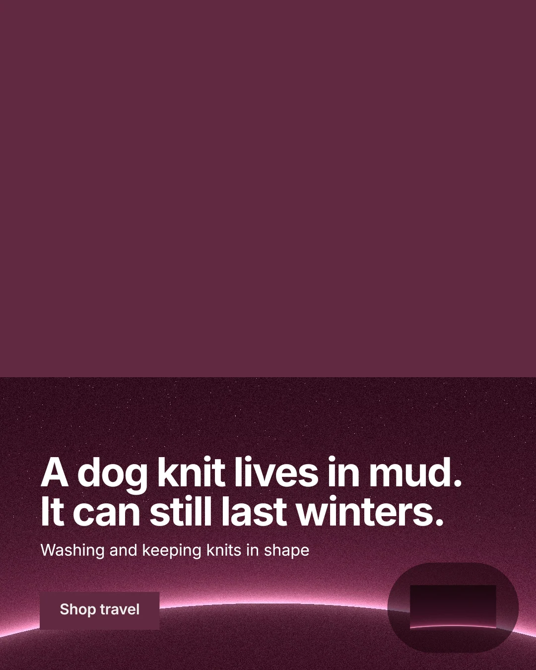 Instagram portrait post for By Teddy: "A dog knit lives in mud. It can still last winters." Swiss style, bottom layout, dark palette in red, pink.