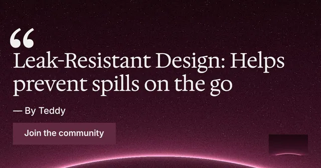 Social ad for By Teddy: "Leak-Resistant Design: Helps prevent spills on the go". Swiss style, quote layout, dark palette in pink, black.