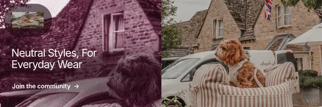 X header for By Teddy: "Neutral Styles, For Everyday Wear". Film still style, bottom layout, dark palette in grey, red.