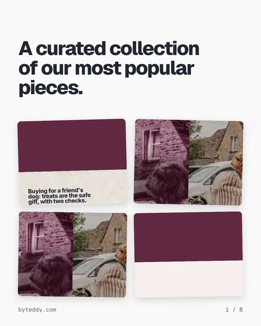 Carousel for By Teddy: "A curated collection of our most popular pieces.". Collection carousel, 8 slides, light palette.