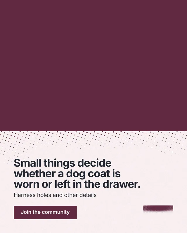Instagram portrait post for By Teddy: "Small things decide whether a dog coat is worn or left in the drawer." Swiss style, bottom layout, light palette in red, white, grey.