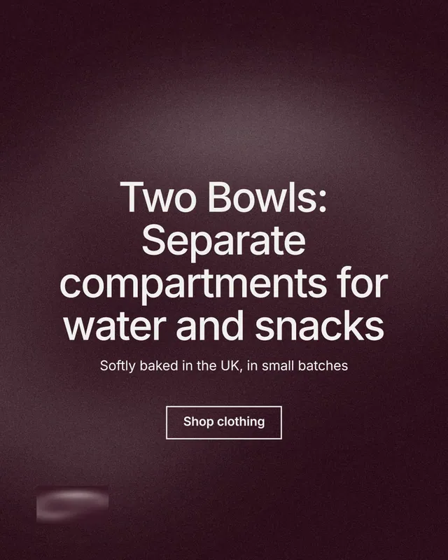 Instagram portrait post for By Teddy: "Two Bowls: Separate compartments for water and snacks". Cyanotype style, centred layout, dark palette in red, black, grey.