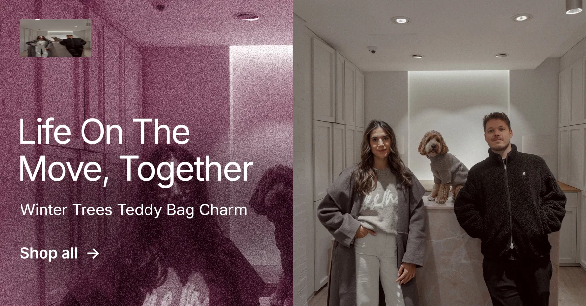 Social ad for By Teddy: "Life On The Move, Together". Film still style, bottom layout, dark palette in red, grey.