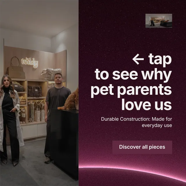 Instagram post for By Teddy: "← tap to see why pet parents love us". Swiss style, right layout, dark palette in black, pink, grey.