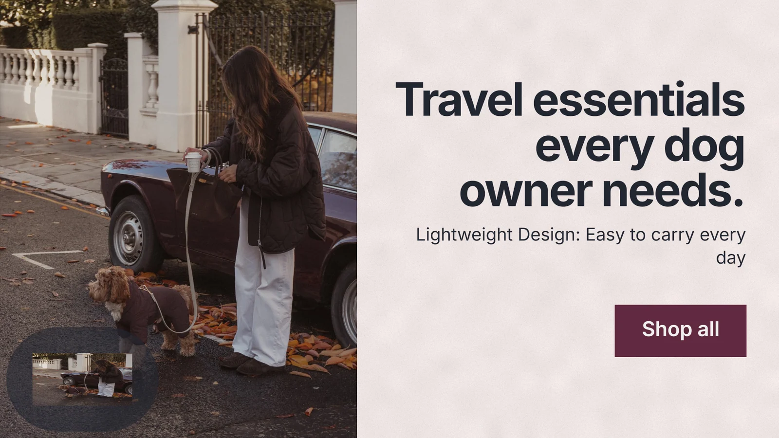 Landscape graphic for By Teddy: "Travel essentials every dog owner needs." Swiss style, right layout, light palette in black, red, grey.