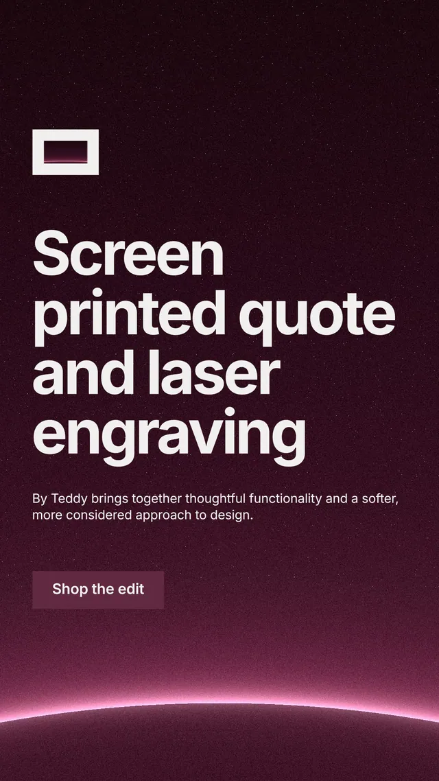 Instagram story for By Teddy: "Screen printed quote and laser engraving". Swiss style, announce layout, dark palette in red, black, grey.