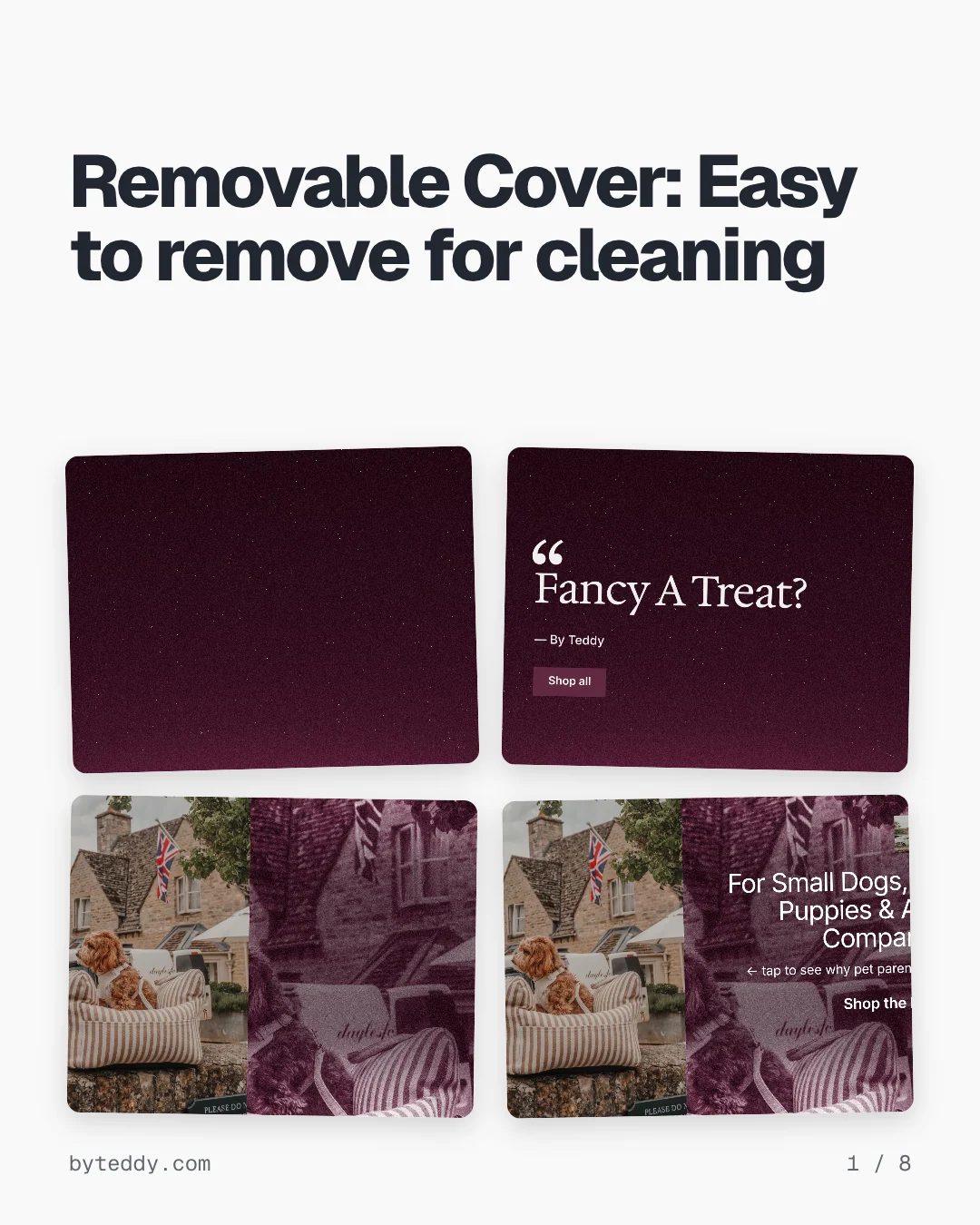 Carousel for By Teddy: "Removable Cover: Easy to remove for cleaning". Collection carousel, 8 slides, light palette.