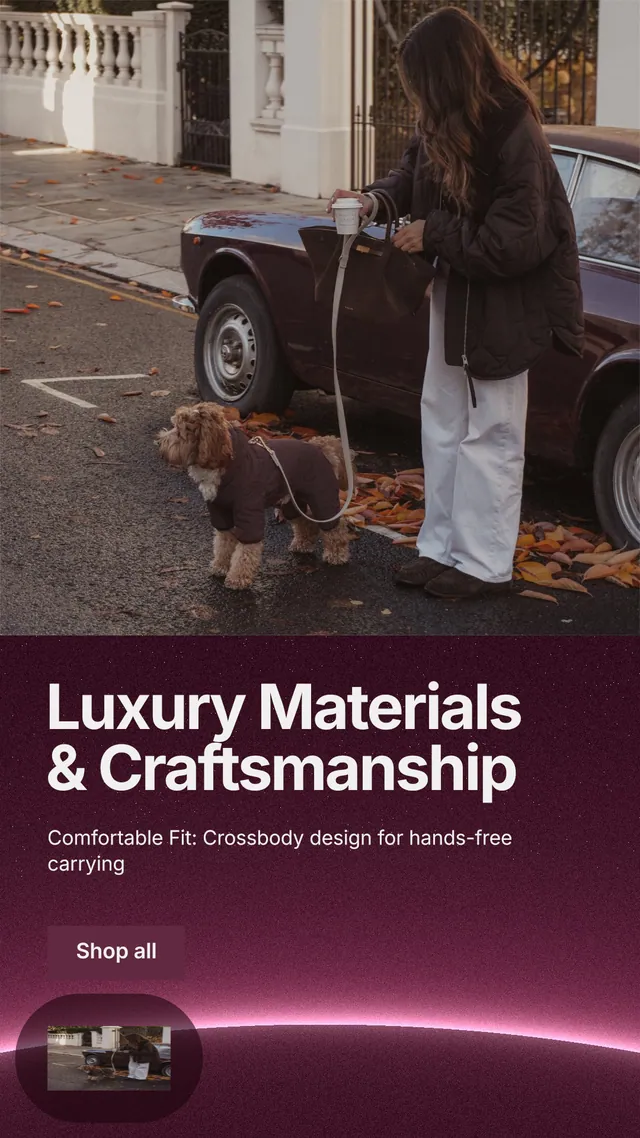 Instagram story for By Teddy: "Luxury Materials & Craftsmanship". Swiss style, bottom layout, dark palette in red, grey.