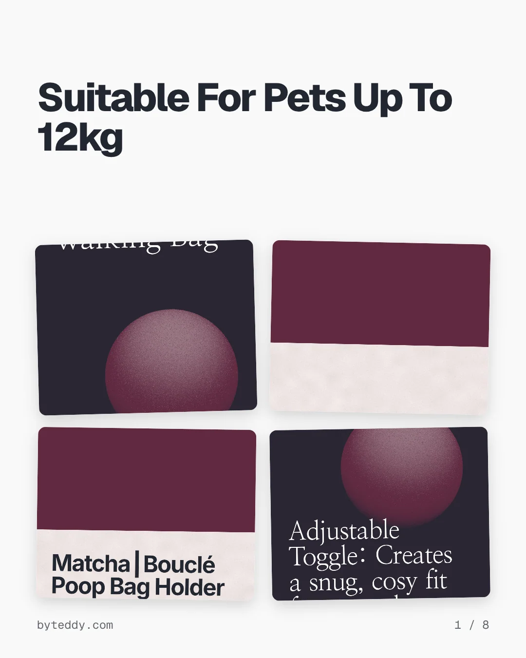 Carousel for By Teddy: "Suitable For Pets Up To 12kg". Collection carousel, 8 slides, light palette.