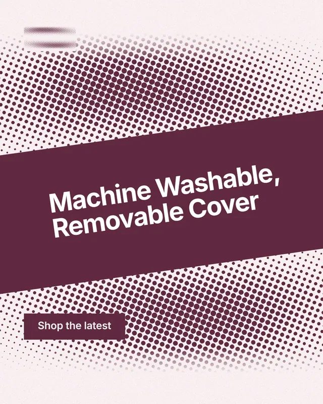 Instagram portrait post for By Teddy: "Machine Washable, Removable Cover". Swiss style, diagonal layout, light palette in white, pink, grey.
