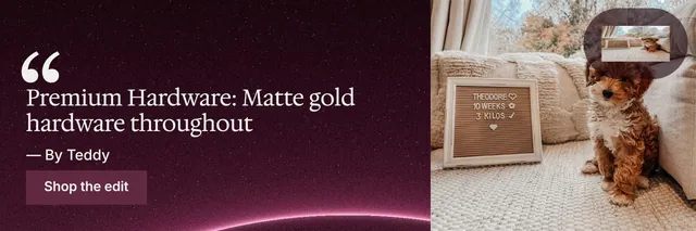 X header for By Teddy: "Premium Hardware: Matte gold hardware throughout". Swiss style, quote layout, dark palette in black, red, orange.