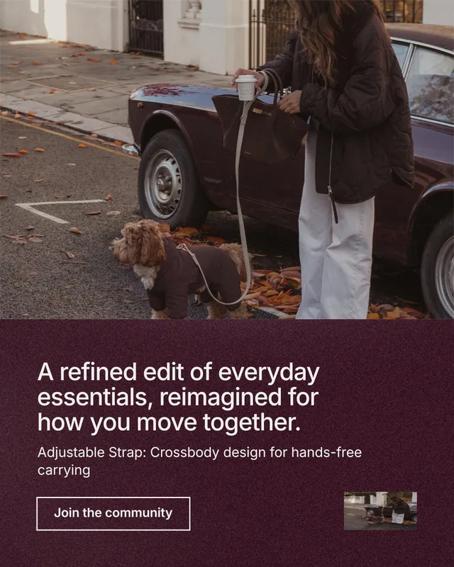 Instagram portrait post for By Teddy: "A refined edit of everyday essentials, reimagined for how you move together." Cyanotype style, bottom layout, dark palette in red, grey.