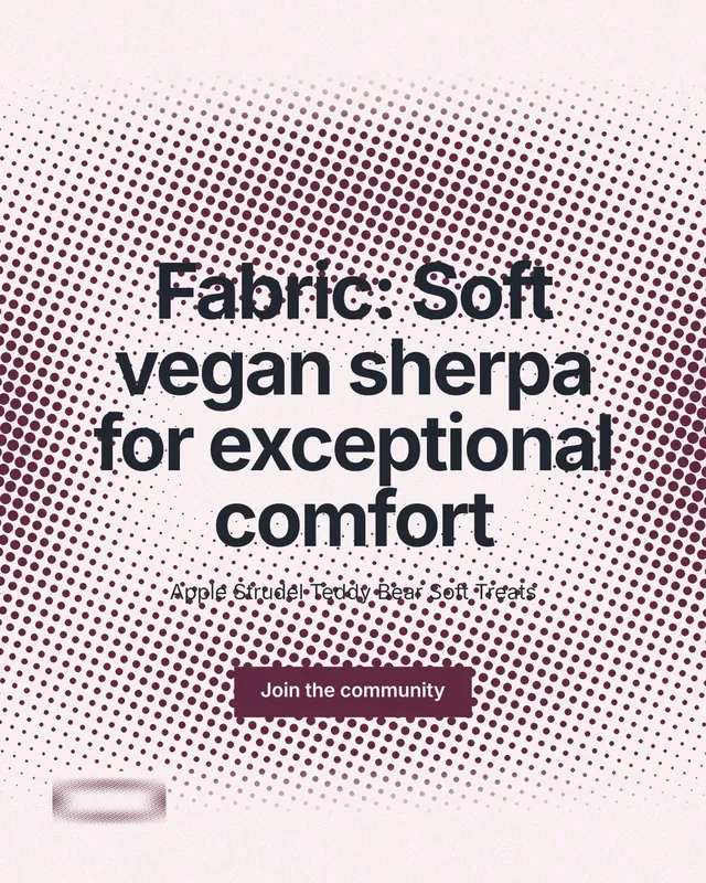 Instagram portrait post for By Teddy: "Fabric: Soft vegan sherpa for exceptional comfort". Swiss style, centred layout, light palette in grey, red, white.