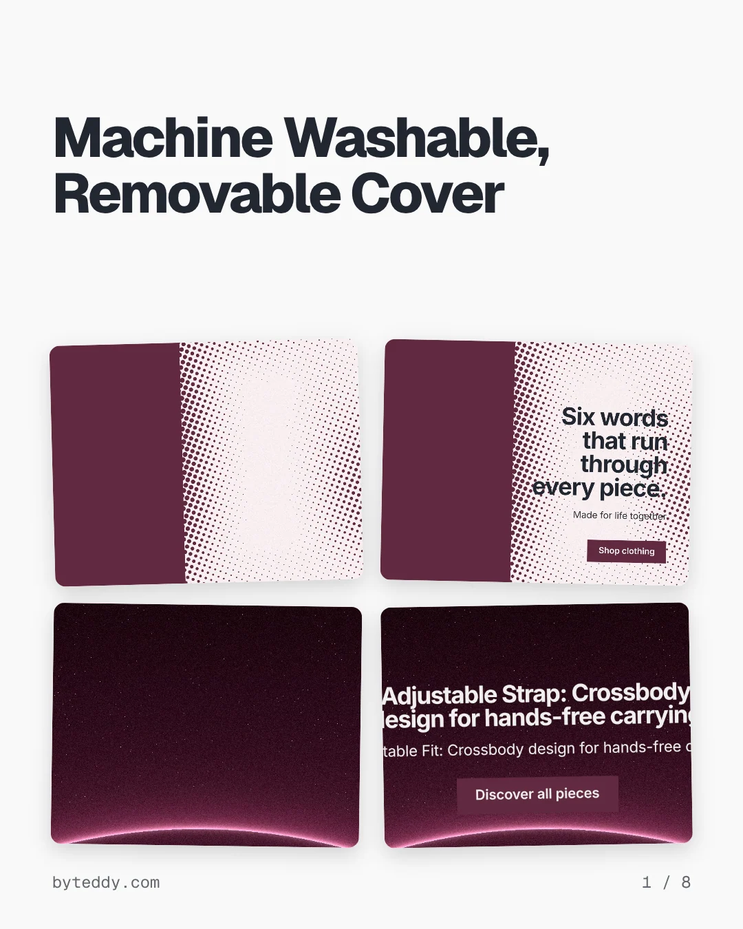 Carousel for By Teddy: "Machine Washable, Removable Cover". Collection carousel, 8 slides, light palette.