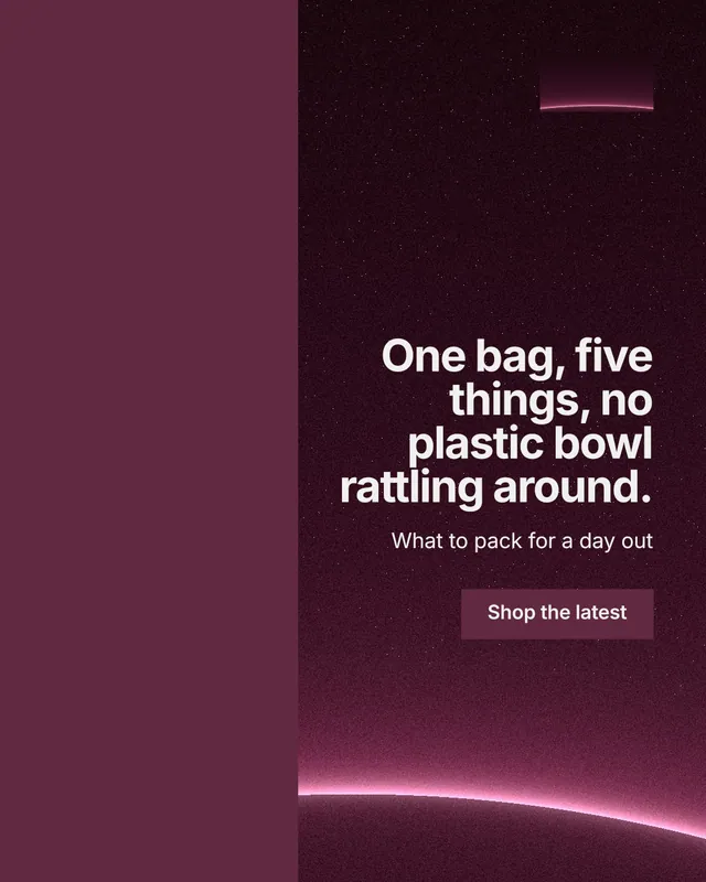 Instagram portrait post for By Teddy: "One bag, five things, no plastic bowl rattling around." Swiss style, right layout, dark palette in red, black, pink.