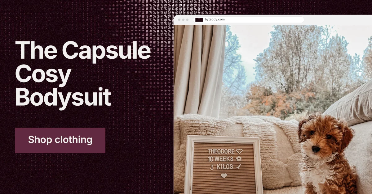 Social ad for By Teddy: "The Capsule Cosy Bodysuit". Swiss style, browser layout, dark palette in black, grey, red.