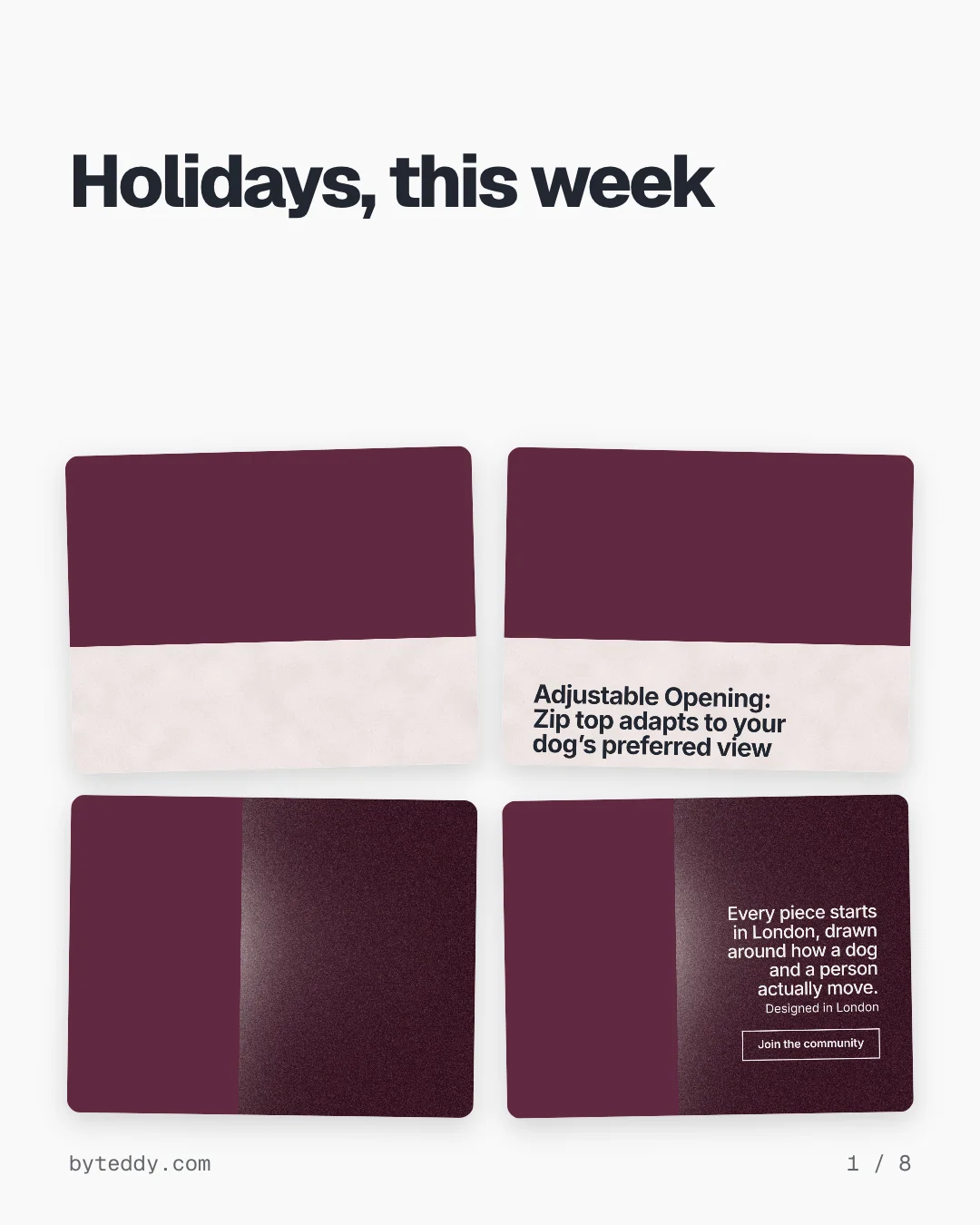 Carousel for By Teddy: "Holidays, this week". Collection carousel, 8 slides, light palette.