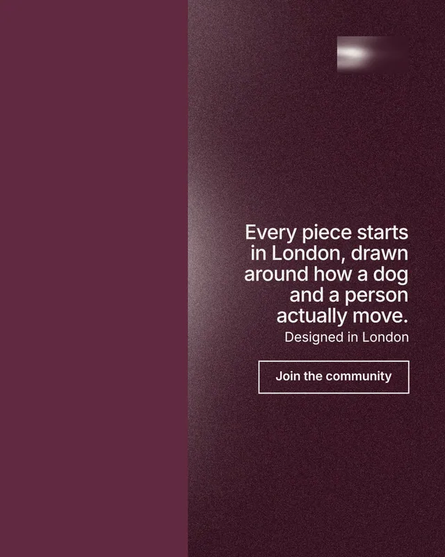 Instagram portrait post for By Teddy: "Every piece starts in London, drawn around how a dog and a person actually move." Cyanotype style, right layout, dark palette in red.