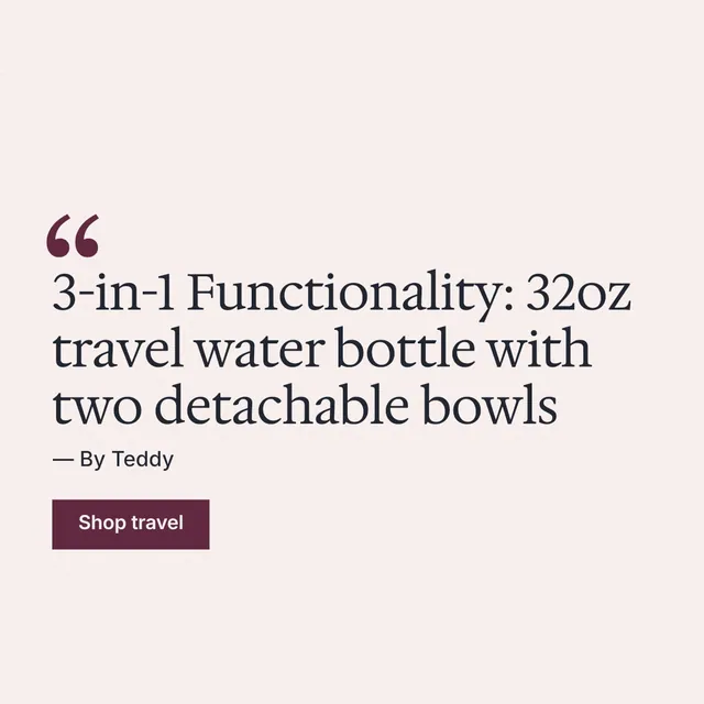 Instagram post for By Teddy: "3-in-1 Functionality: 32oz travel water bottle with two detachable bowls". Swiss style, quote layout, light palette in white, grey.