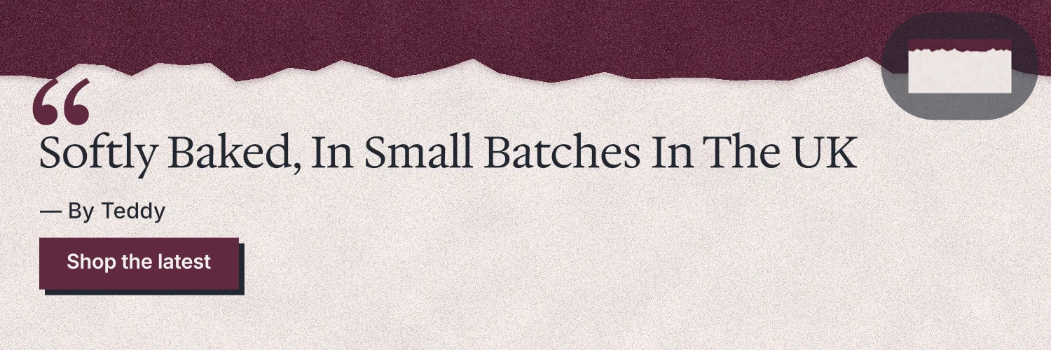 X header for By Teddy: "Softly Baked, In Small Batches In The UK". Paper trio style, quote layout, light palette in orange, pink, white.
