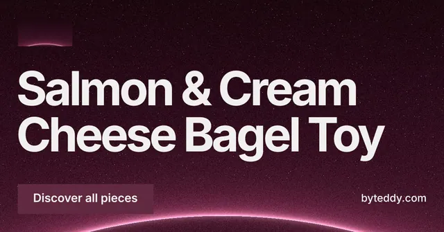 Social ad for By Teddy: "Salmon & Cream Cheese Bagel Toy". Swiss style, poster layout, dark palette in black, pink, grey.