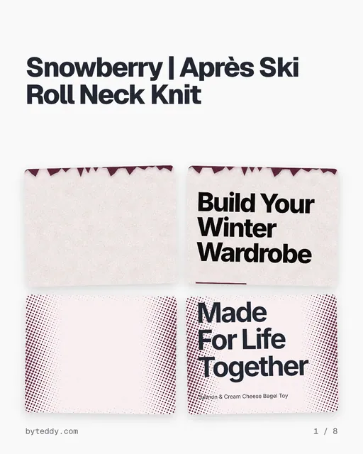 Carousel for By Teddy: "Snowberry | Après Ski Roll Neck Knit". Collection carousel, 8 slides, light palette.