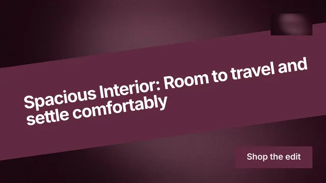 Landscape graphic for By Teddy: "Spacious Interior: Room to travel and settle comfortably". Swiss style, diagonal layout, dark palette in red, black.