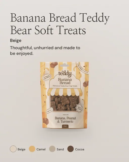 Instagram portrait post for By Teddy: Banana Bread Teddy Bear Soft Treats in Beige. Product hero, light palette.