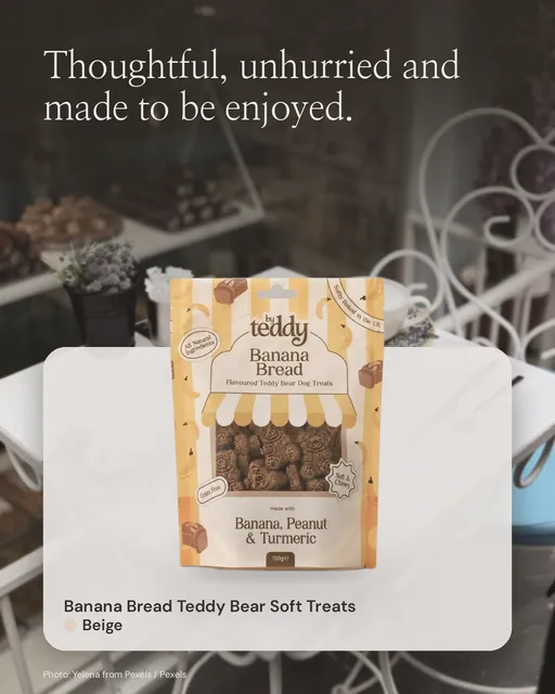 Instagram portrait post for By Teddy: Banana Bread Teddy Bear Soft Treats in Beige. Product in context, light palette.
