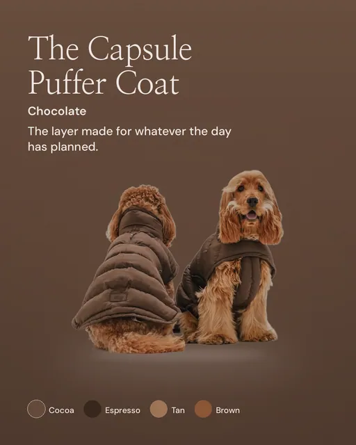 Instagram portrait post for By Teddy: Chocolate | The Capsule Puffer Coat in Chocolate. Product hero, dark palette.