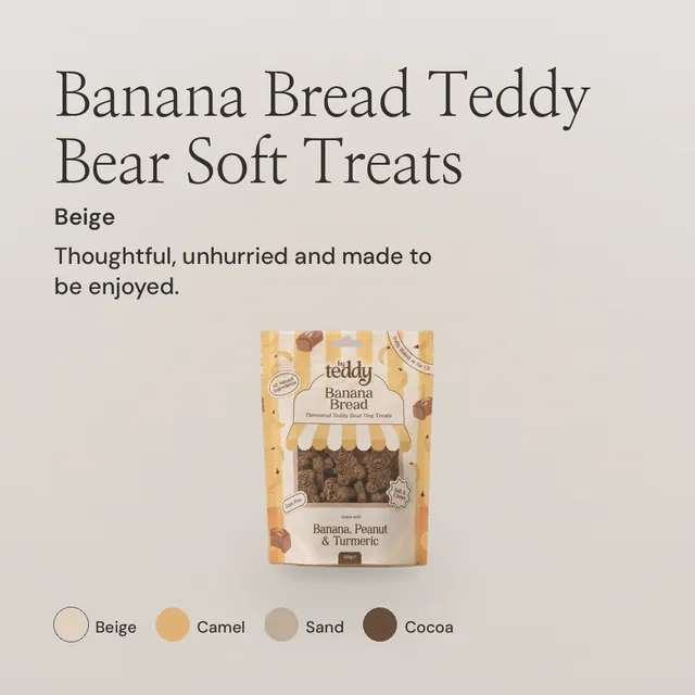 Instagram post for By Teddy: Banana Bread Teddy Bear Soft Treats in Beige. Product hero, light palette.