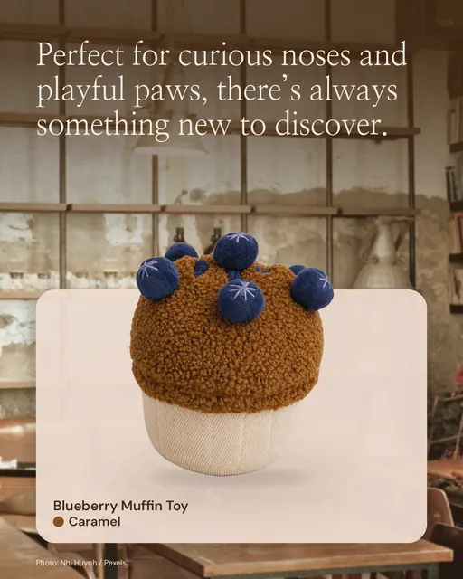 Instagram portrait post for By Teddy: Blueberry Muffin Toy in Caramel. Product in context, light palette.