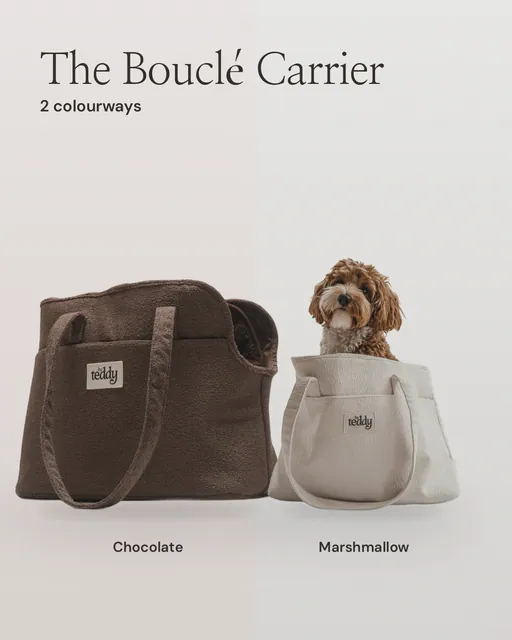 Carousel for By Teddy: Chocolate┃The Bouclé Carrier in Chocolate. Colourway carousel, 4 slides, light palette.