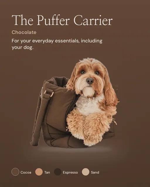 Instagram portrait post for By Teddy: Chocolate┃The Puffer Carrier in Chocolate. Product hero, dark palette.