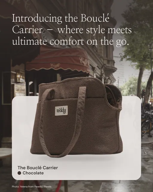 Instagram portrait post for By Teddy: Chocolate┃The Bouclé Carrier in Chocolate. Product in context, dark palette.